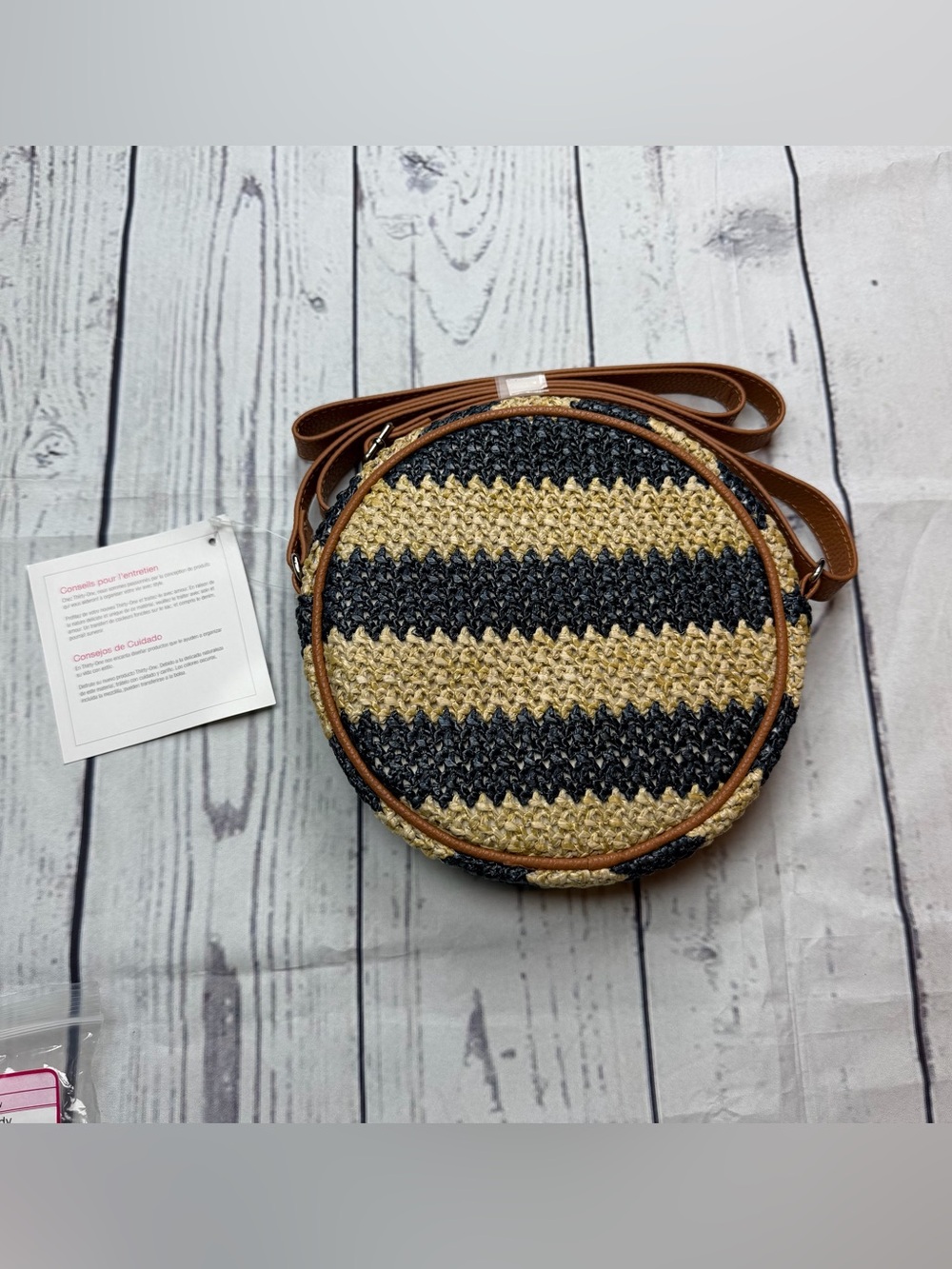 New Thirty-One Roundabout Crossbody Navy Striped Straw Purse Bag Summer Coastal